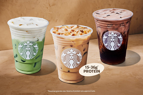 A selection of Starbucks’ new Protein Lattes and Protein Cold Foam drinks, showcasing the variety of flavours now available as part of the company’s high-protein beverage range in US stores.