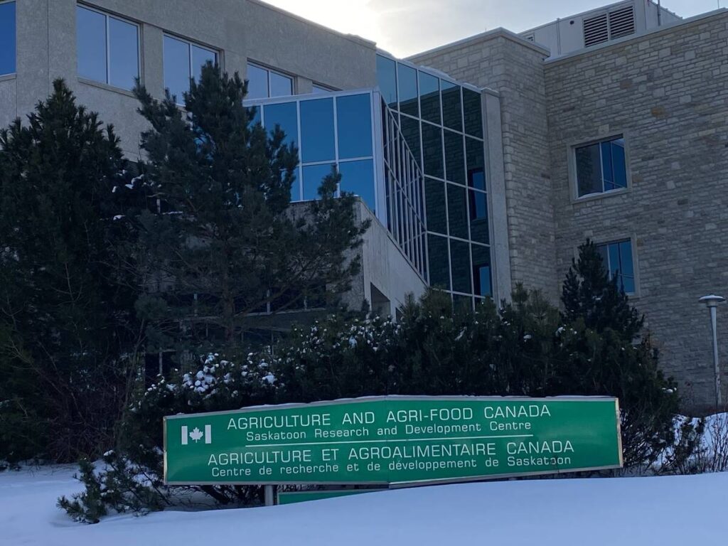 An exterior photo of the Agriculture Canada research centre in Saskatoon during winter.
