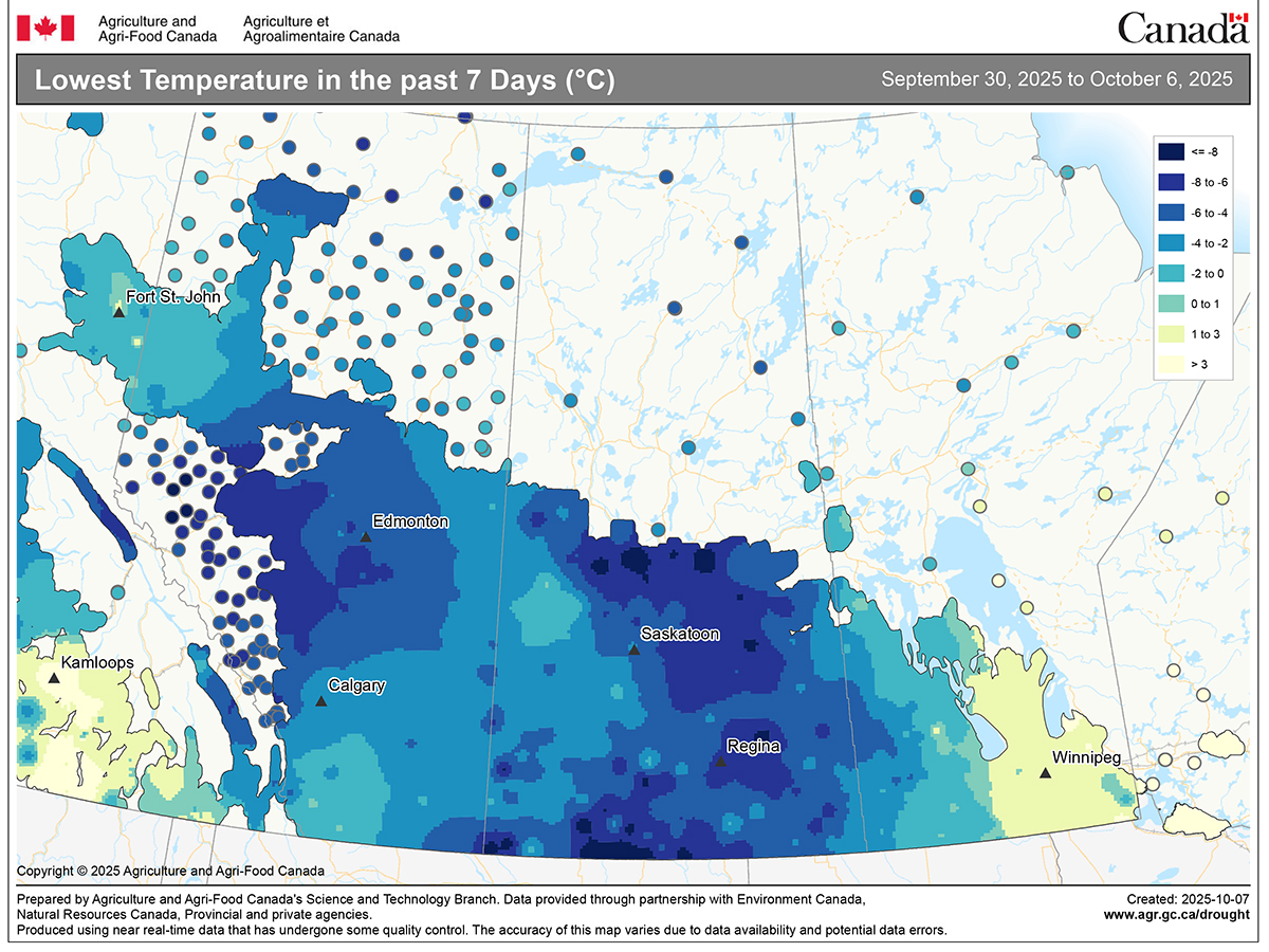 An Agriculture and Agri-Food Canada map of the Prairies entitled, "Lowest temperature in the last 7 days."