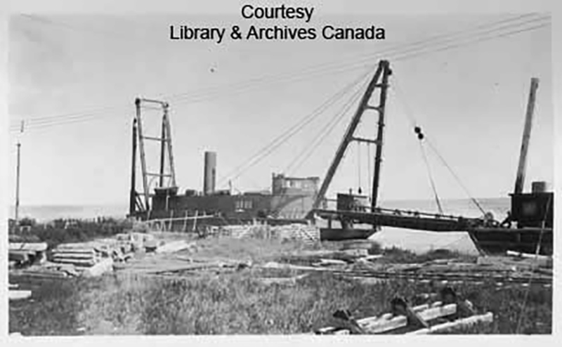 An archival photo of a dredge ship clearing silt from Port Nelson, at the mouth of the Nelson River.