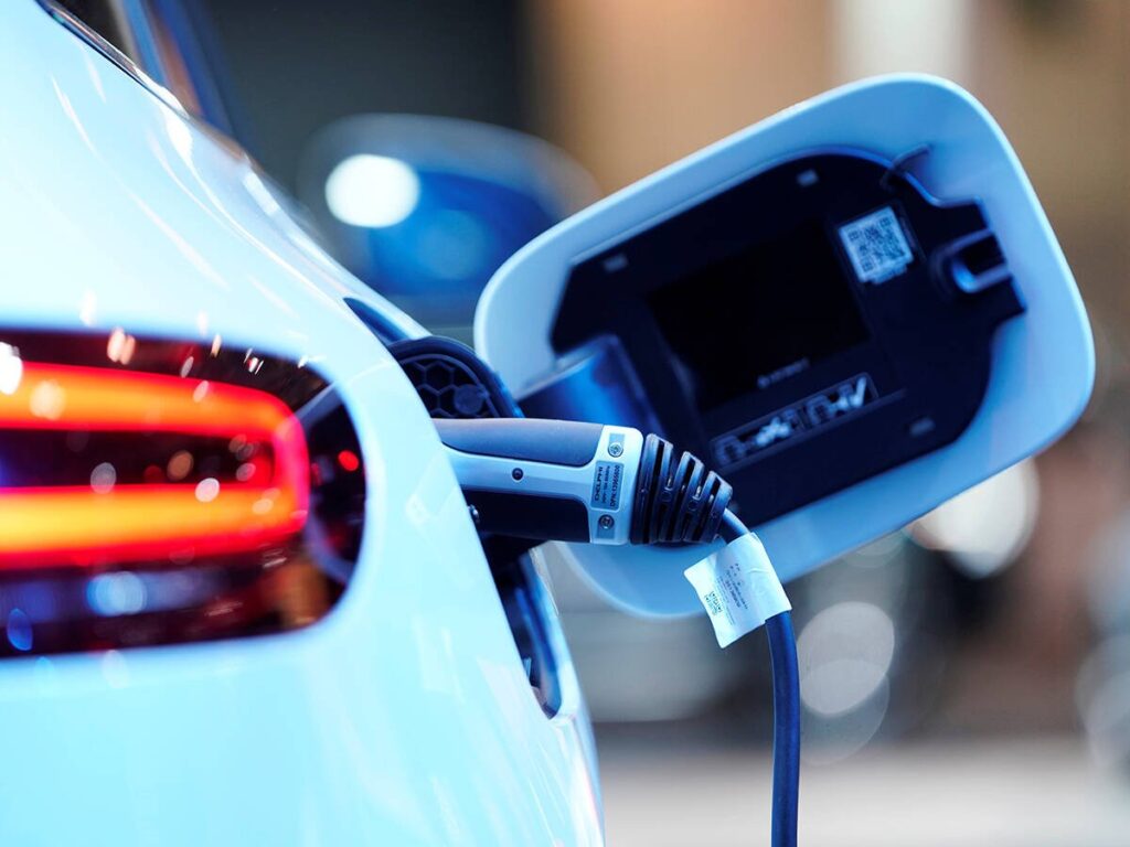 A charging port is seen on a Mercedes Benz EQC 400 4Matic electric vehicle at the Canadian International AutoShow in Toronto.