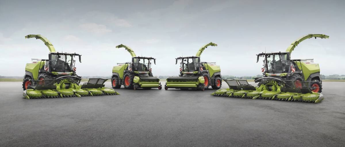 A promotional photo of four new Claas forage harvesters with different headers for dealing with different crops.