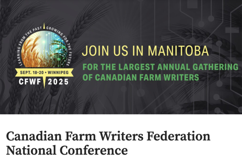 Screencap of the Canadian Farm Writers Federation annual conference poster promoting the September 2025 event in Winnipeg.