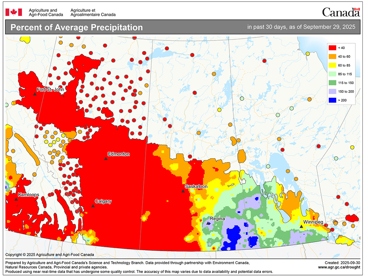 An Agriculture and Agri-Food Canada map of western Canada entitled, "Percent of Average Precipitation" showing a large region, including all of southwestern Saskatchewan and virtually all of southern Alberta, as receiving less than 40 per cent of average precipitation.