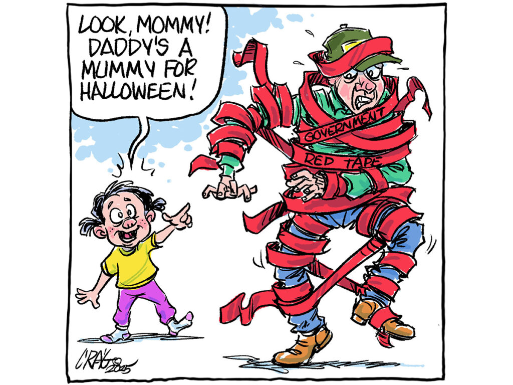 A cartoon showing a farmer wrapped in red tape that says, 
