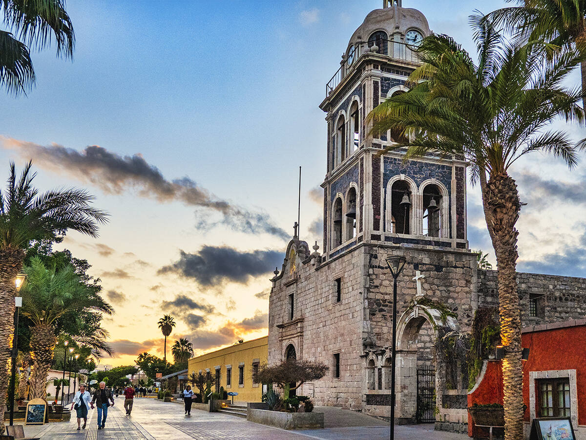 Mission church and main street in Loreto, Mexico.