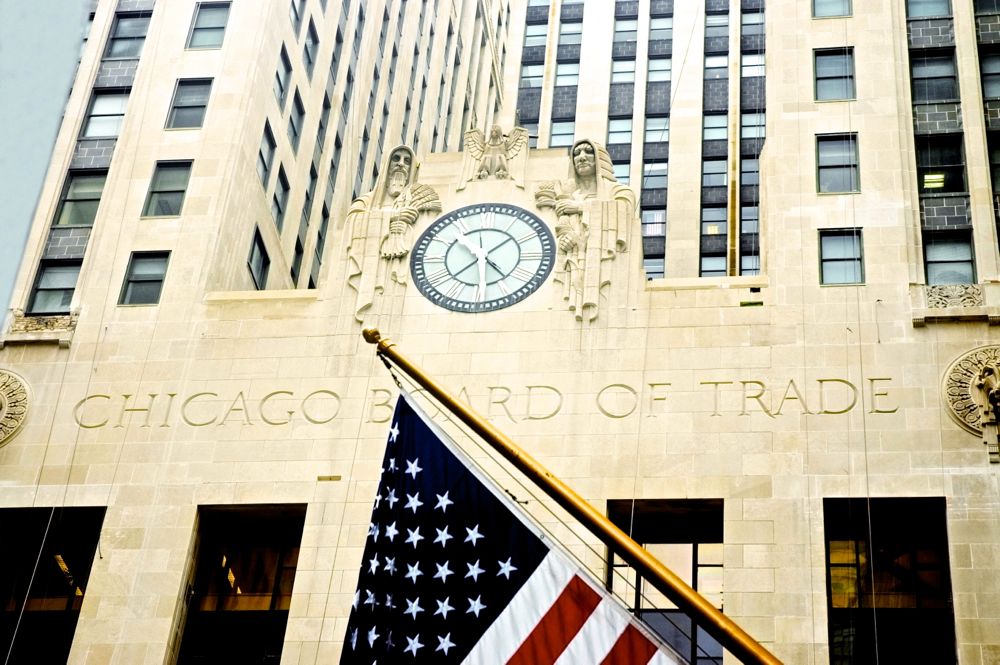 A photo of the front of the CBOT building in Chicago.