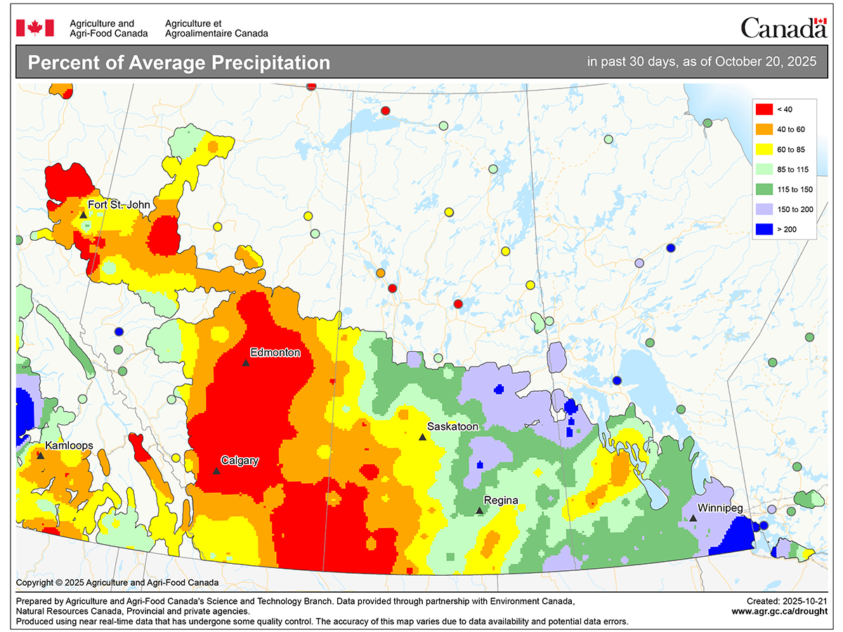An Agriculture and Agri-Food Canada map of the Prairie provinces entitled, "Percent of Average Precipitation" showing a large red area in southwest Saskatchewan extending north and west of Edmonton as having less than 40 per cent of average precipitation in the past 30 days.