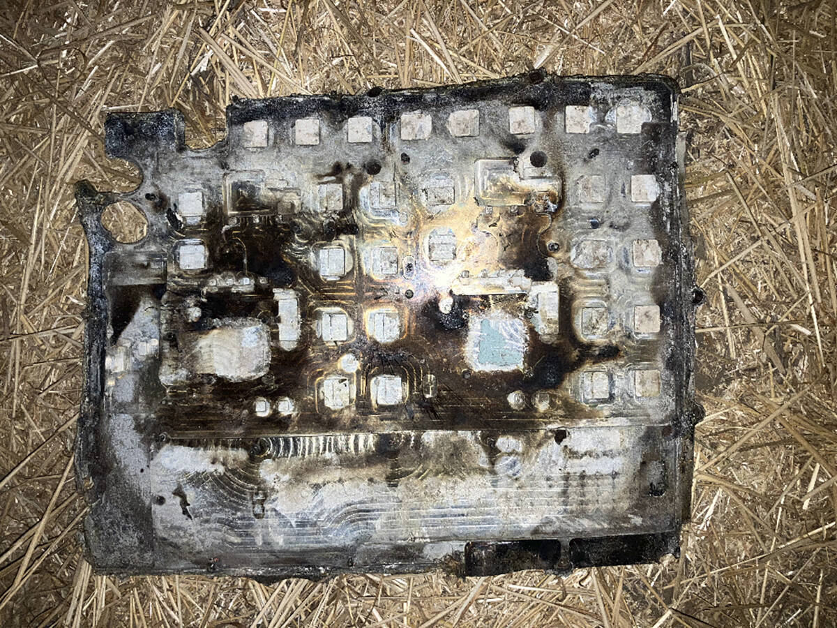 What looks like a burnt up cicuit board is actually space debris found near Hodgeville, Saskatchewan, in July 2024.