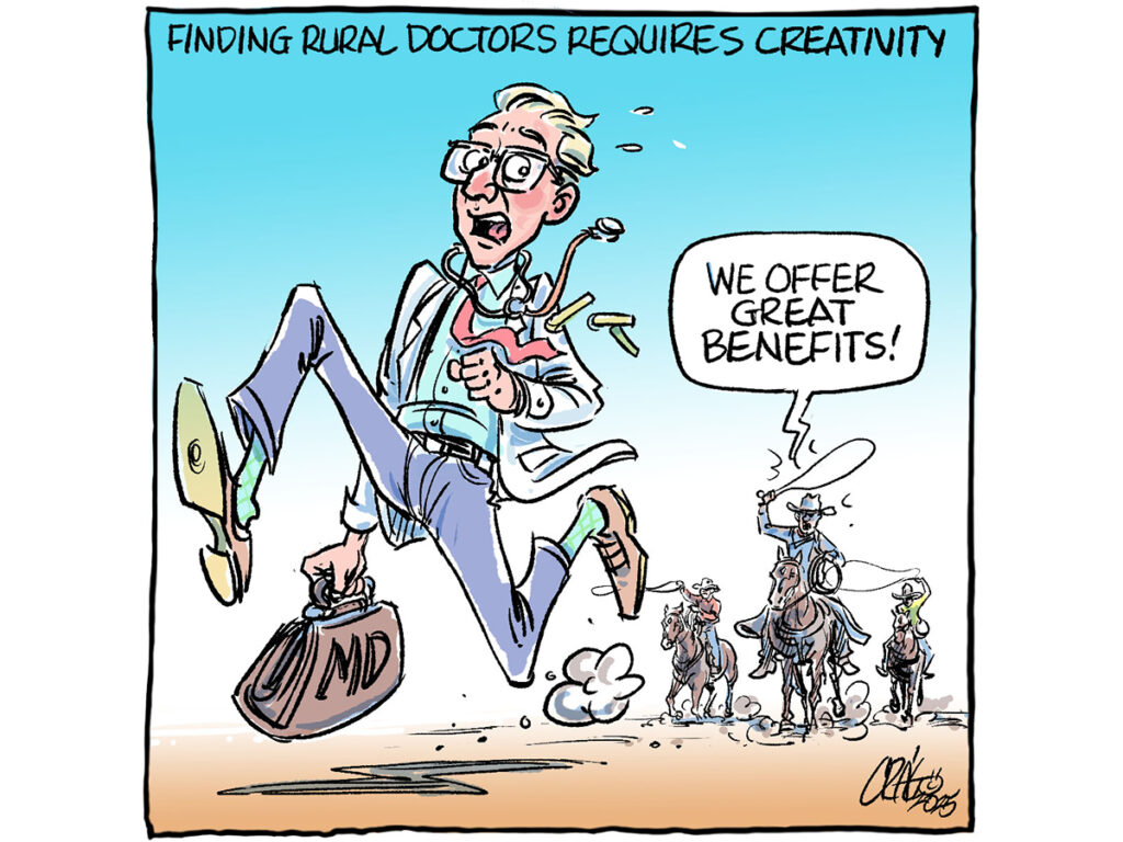 A cartoon featuring a man in a white lab coat with a stethoscope around his neck, carrying an 