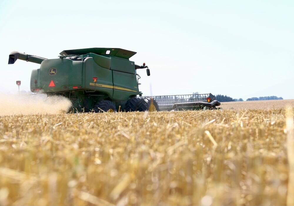 A wheat field with a John Deere combine working in the background.
