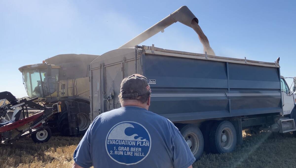 A man in a ball cap watches from the ground as a yellow combine empties its hopper using its auger into the blue box of a grain truck.