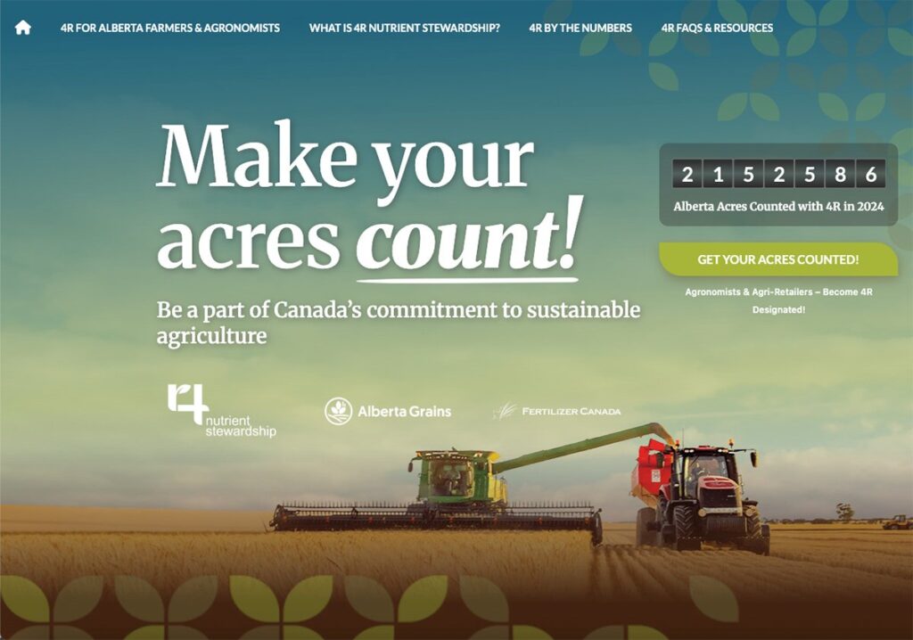 A screencap from the Make Your Acres Count website showing a combine in a wheat field augering grain into a cart pulled by a tractor with a counter showing all the acres in Alberta farmed using 4R nutrient stewardship principles.
