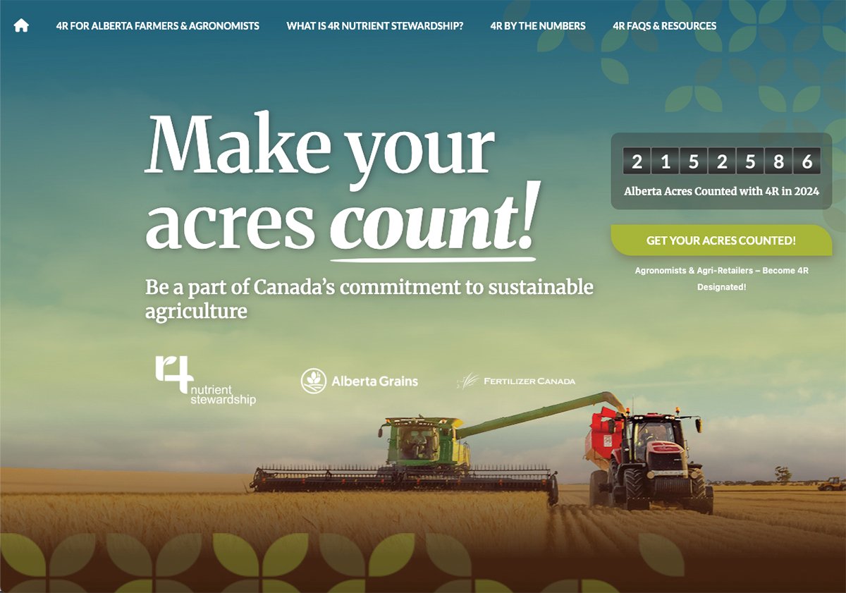 A screencap from the Make Your Acres Count website showing a combine in a wheat field augering grain into a cart pulled by a tractor with a counter showing all the acres in Alberta farmed using 4R nutrient stewardship principles.