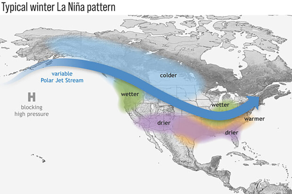 A map of North America showing the typical weather anomalies we see during a La Nina winter, such as colder weather on the Prairies, and wetter weather in the Pacific Northwest.
