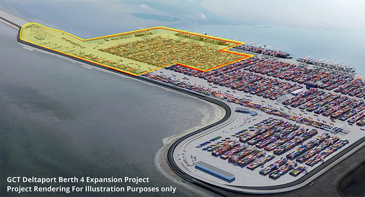 An aerial graphic rendering of what the GCT Deltaport Berth 4 Expansion Project will look like.
