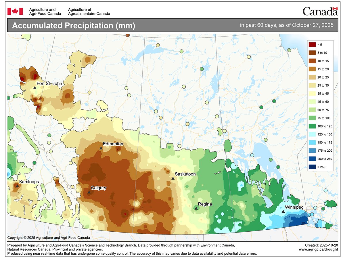 An Agriculture and Agri-Food Canada map of the Prairie provinces showing a large brown blotch from Edmonton and west of Calgary extending into southwestern Saskatchewan that represents less than 5 mm of accumulated precipitation in the last 60 days.