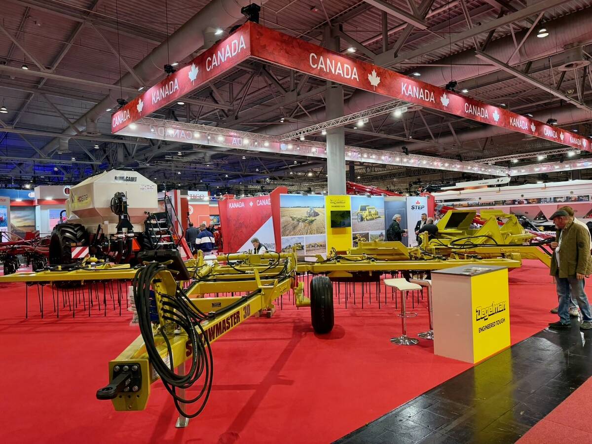 The Saskatchewan Trade and Export Partnership display at Agritechnica 2025 is emblazoned with Canadian colours.