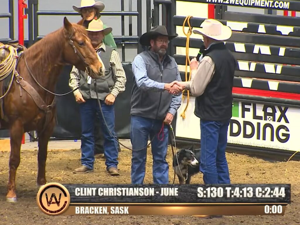 Clint Christianson shakes hands after being named the winner of the Open Cattle Dog Mounted competition at Canadian Western Agribition, 2025.