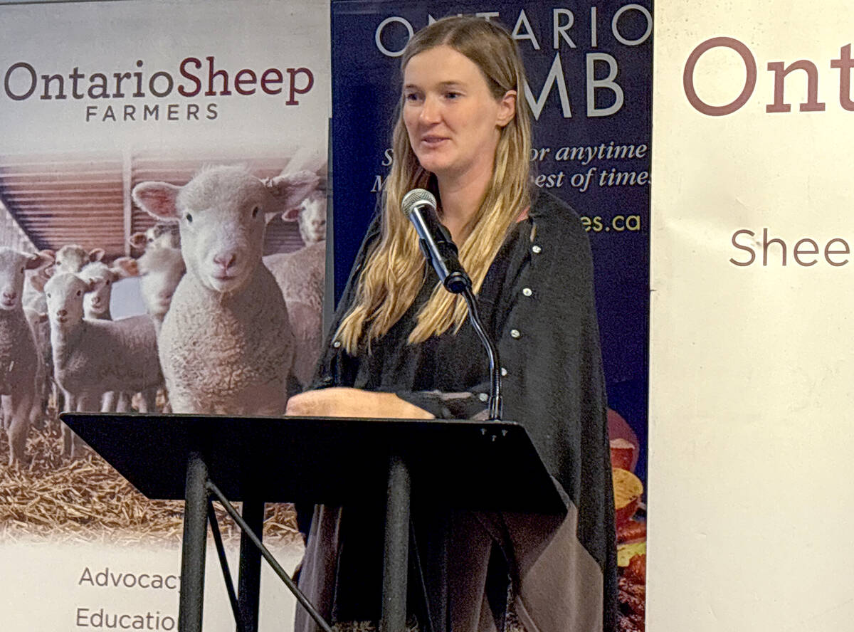 Gayla Bonham-Carter, pictured, and Scott Bade, of Amherst Island's Footflats Farm, received the DLF Pasture Award during Ontario Sheep Farmers annual general meeting on Oct. 30, 2025 in Cambridge. Photo: Diana Martin