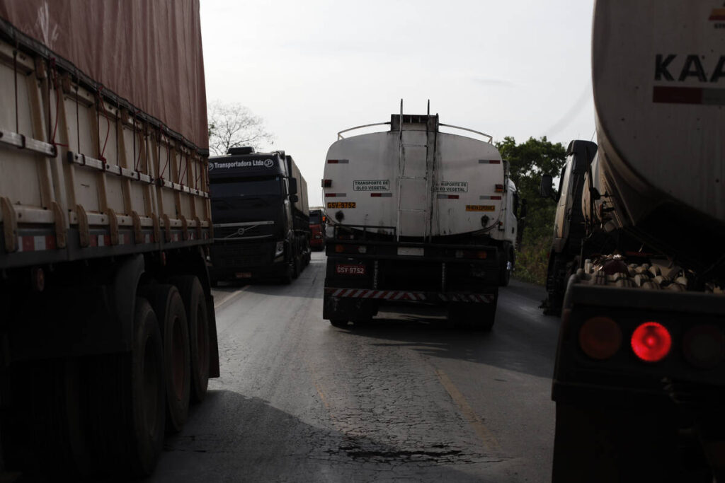 A worker fills a truck with soybeans in the city of Sorriso, Mato Grosso state, Brazil.