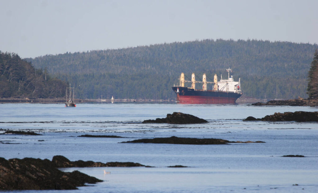 A grain ship navigates the waters near Prince Rupert, British Columbia.