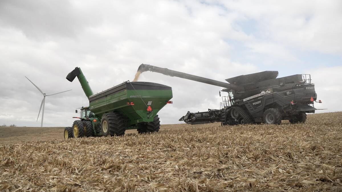 A Fendt Ideal combine uses its auger to unload corn from its hopper into a grain cart being pulled alongside.