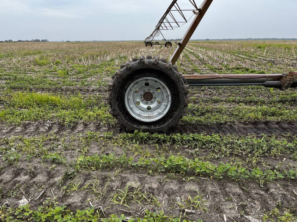 A unique looking tire on an irrigation pivot.