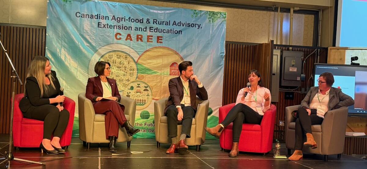 Heather Watson, Tracy Evans, Steven Roche, Jennifer Struthers and Chloe McCulloch were on a panel comparing Canadian and Scottish agricultural extension at the first conference on Canadian Agri-food and Rural Advisory, Extension, and Education in Guelph. Photo: John Greig