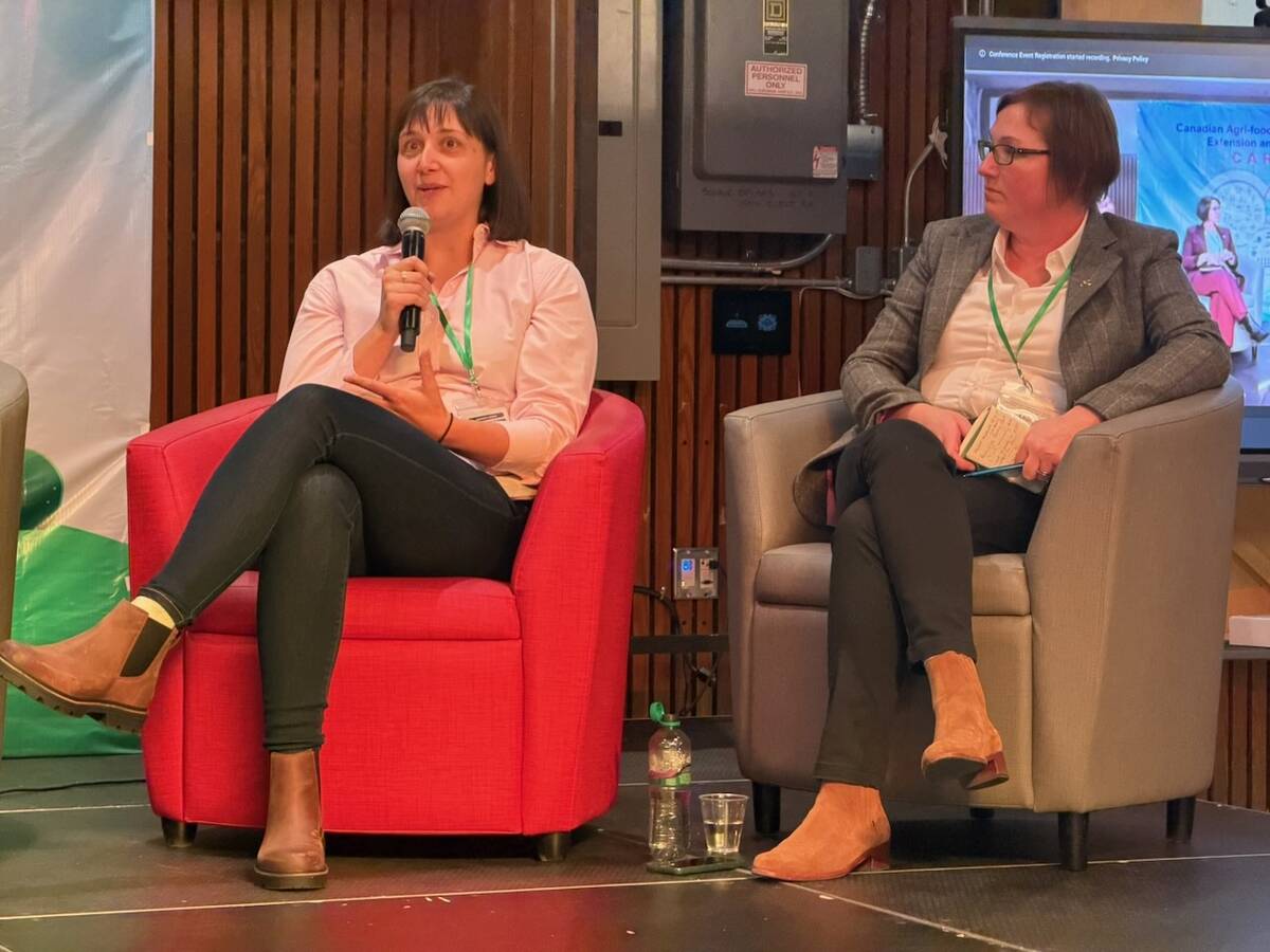 Jennifer Struthers and Chloe McCulloch of SAC Consulting in Scotland on a panel during the CAREE conference in Guelph, November 2025. Photo: John Greig