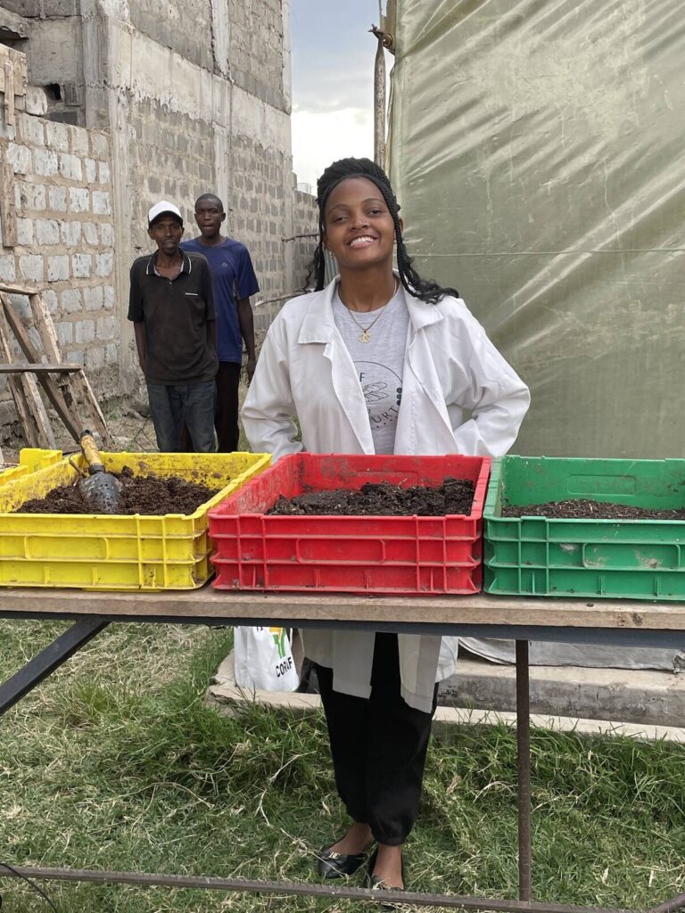 Winnie Wambui and two of her employees at Harcourt Farm in Kenya, which produces black soldier fly larvae from food waste. Lilian Schaer photo. 