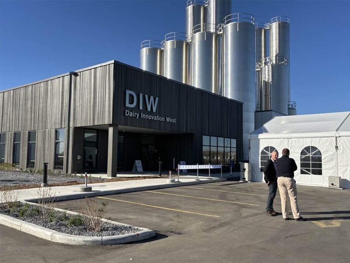 An exterior photo of the Dairy Innovation West building near Blackfalds, Alberta.