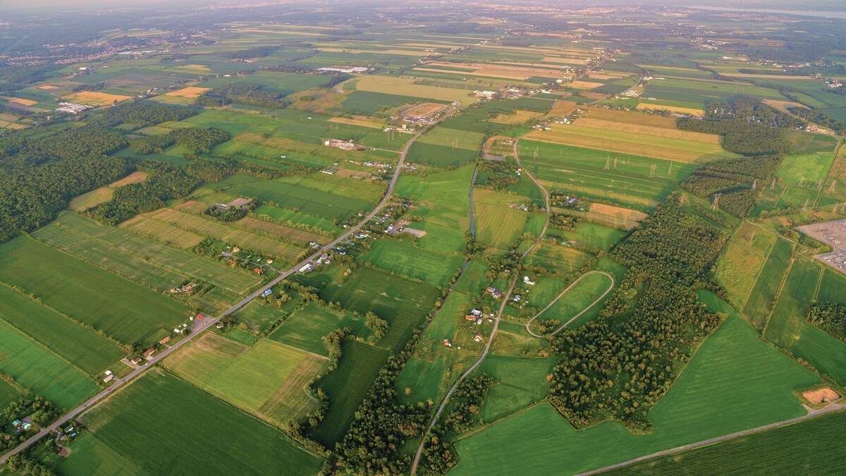 An aerial photo showing the patchwork effect of various crops.