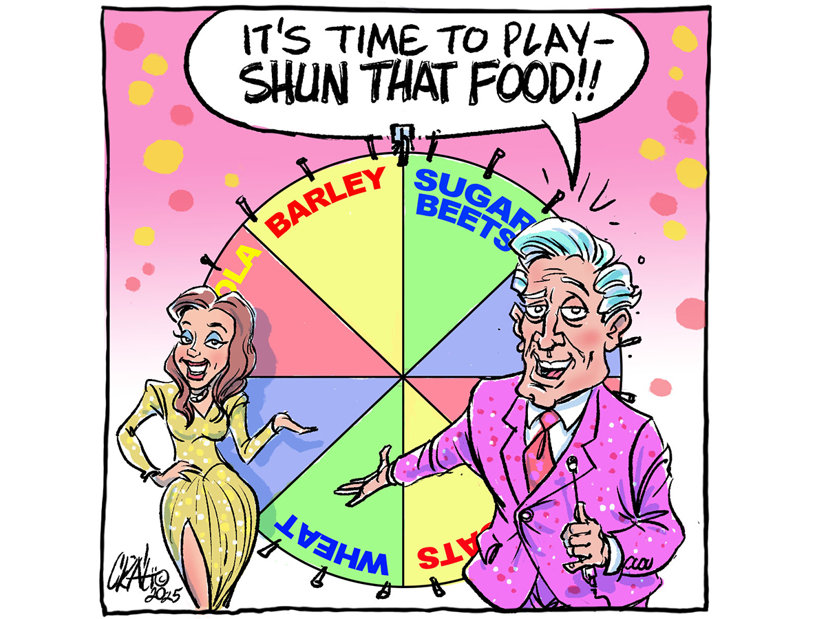 An editorial cartoon showing a tv game show host and his lovely assistant standing in front of a wheel with crops like barley, sugar beets, canola and wheat on it.