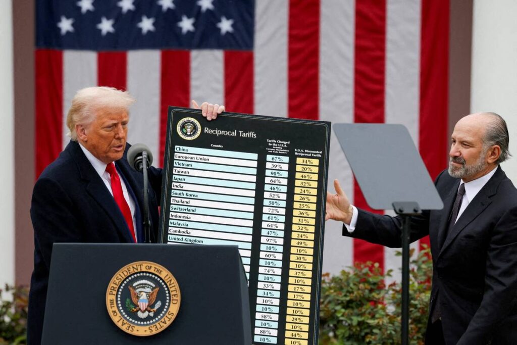 FILE PHOTO: U.S. President Donald Trump holds a chart next to U.S. Secretary of Commerce Howard Lutnick as Trump delivers remarks on tariffs in the Rose Garden at the White House in Washington, D.C., U.S., April 2, 2025. Photo: REUTERS/Carlos Barria