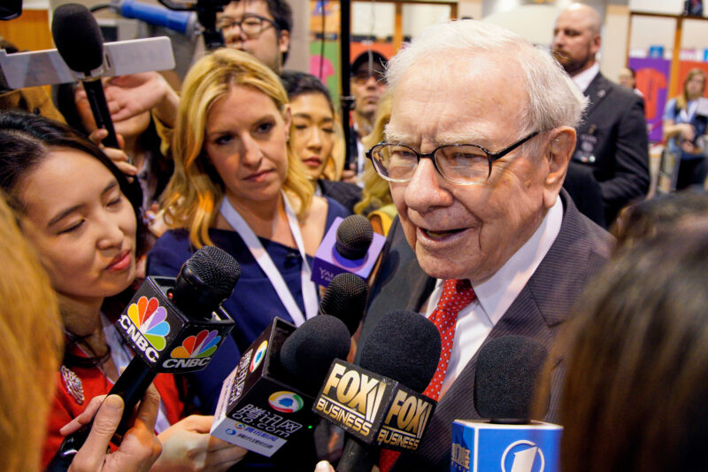 FILE - Warren Buffett, chair and CEO of Berkshire Hathaway, speaks to reporters before presiding over the annual shareholders meeting in Omaha, Neb., May 4, 2019. (AP Photo/Nati Harnik, File)