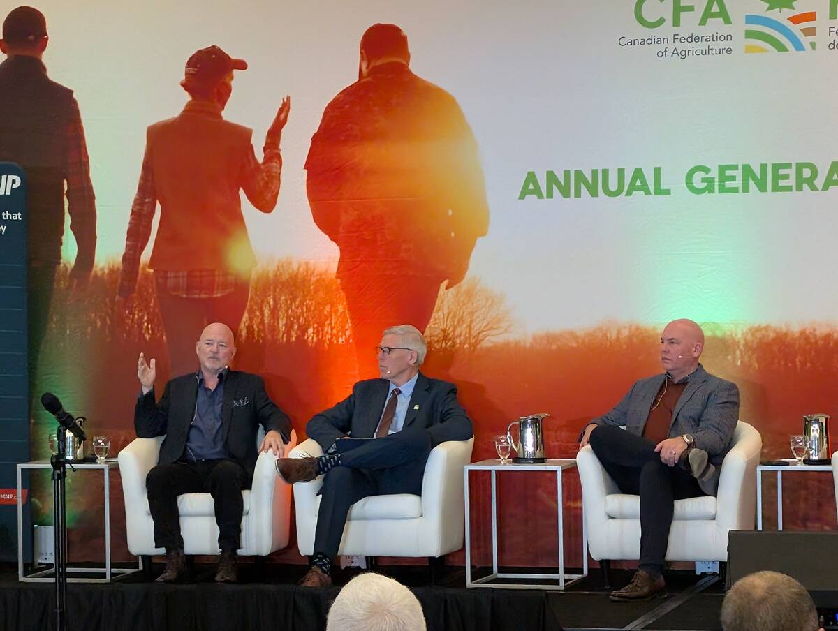 Greg Meredith, Stan Vander Waal and Marvin Slingerland speak about the key priorities for Canadian agricultue ahead of the Next Policyt Framework at the Canadian Federation of Agriculture AGM in Ottawa Feb. 24. Photo by Jonah Grignon