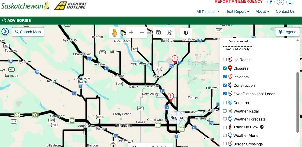 A screencap of the Highway Hotline website in Saskatchewan with the