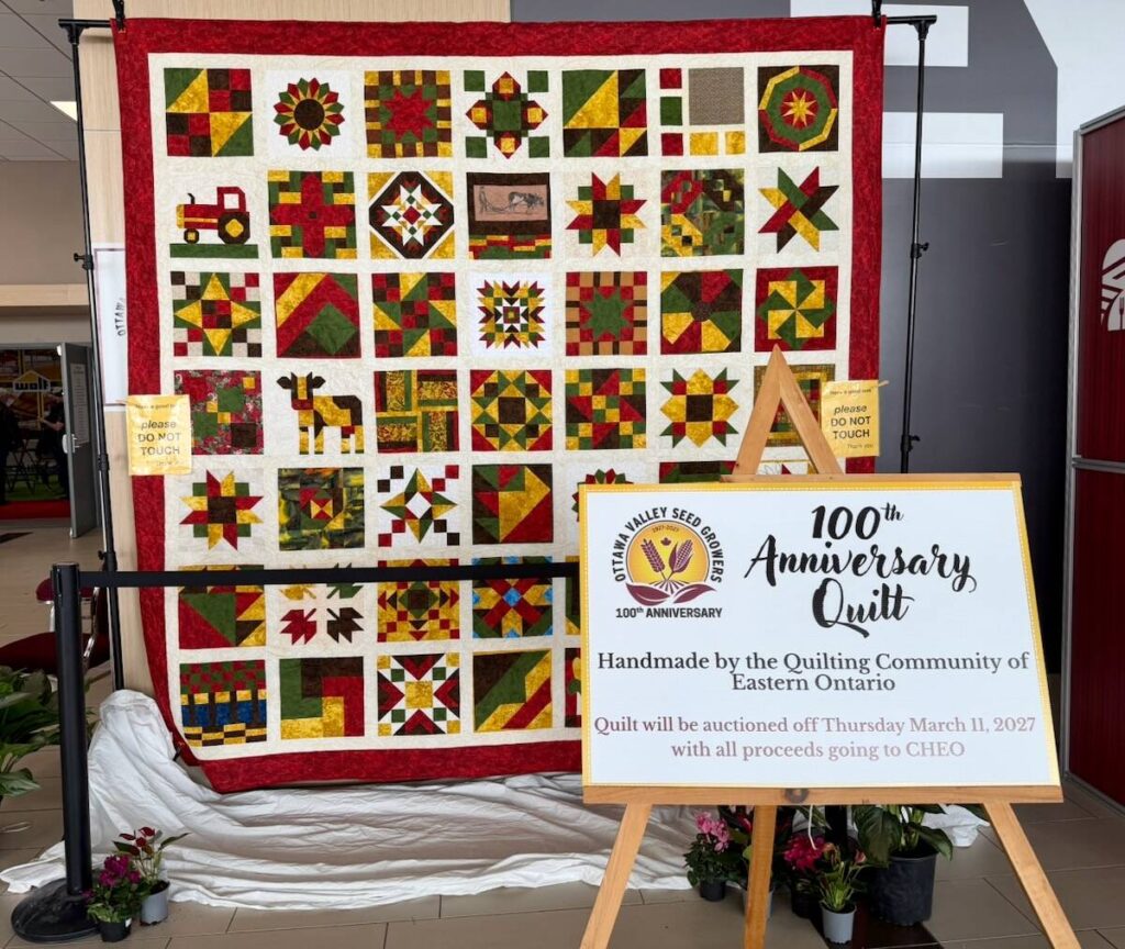 This quilt celebrating the 100th anniversary of the Ottawa Valley Seed Growers will be auctioned at the 2027 Ottawa Valley Farm Show. Photo: John Greig