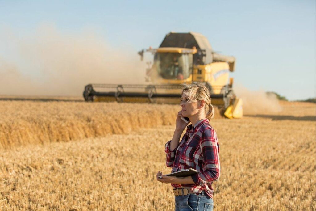 A woman talks on a smart phone while holding a tablet and standing in a field with a combine cutting a crop behind her.