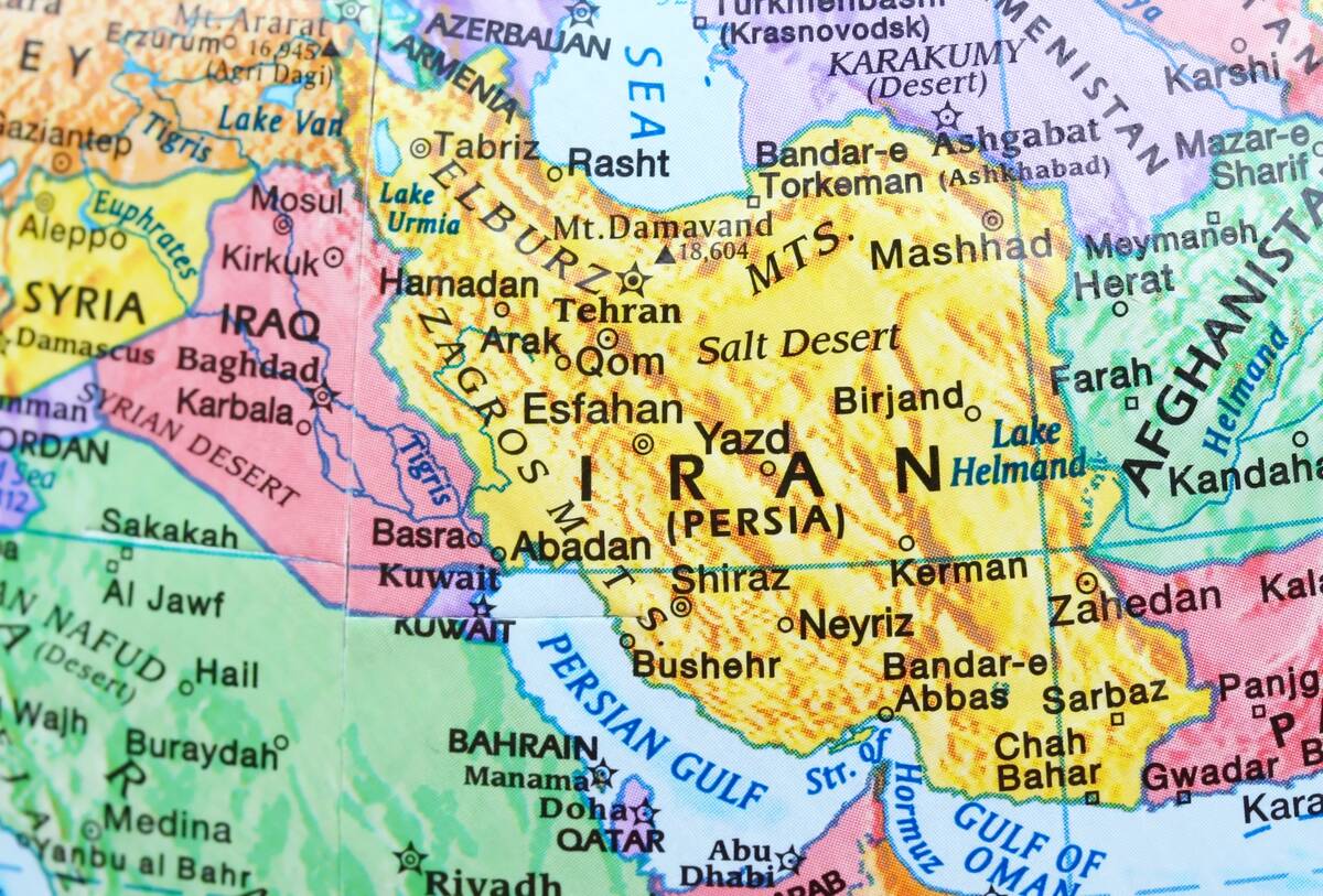 Map showing Iran and its neighbouring countries of Iraq and Afghanistan. Photo: kdow/iStock/Getty Images