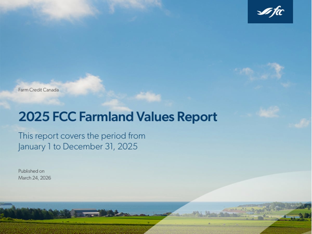 A screencap of the cover of Farm Credit Canada's 2025 Farmland Values Report.