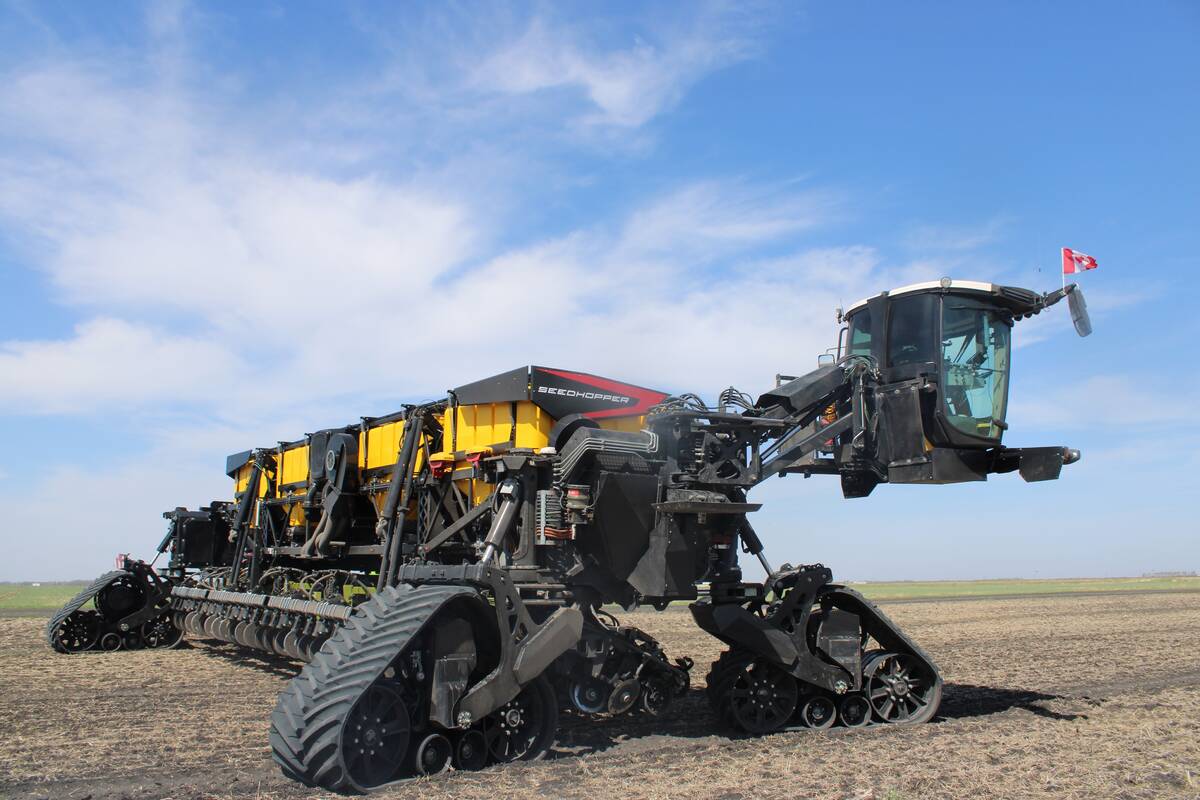 A NEXAT modular carrier system at work in a field in Manitoba in 2025.