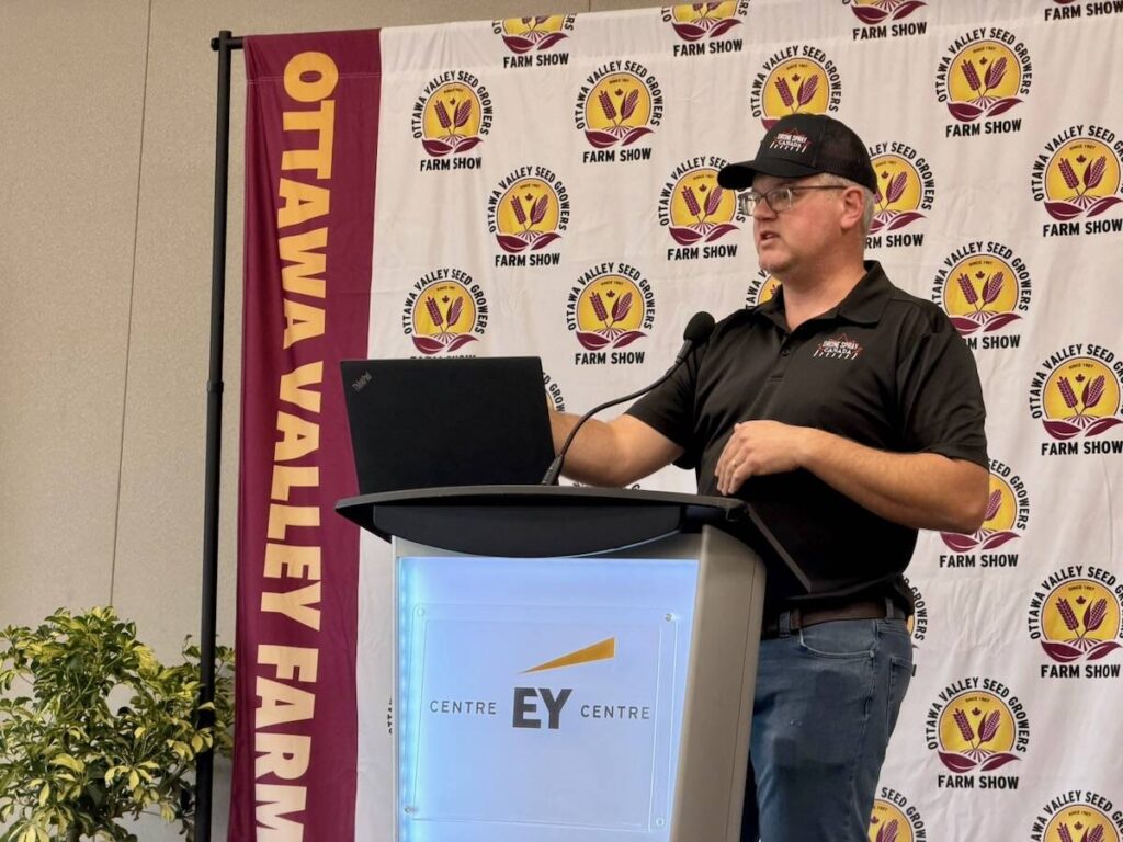Mike Verhoog of Drone Spray Canada talked to farmers about the rapidly changing drone market at the 2026 Ottawa Valley Farm Show. Photo: John Greig
