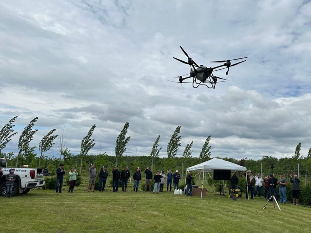 A drone takes to the skies at a farm tour on June 5.