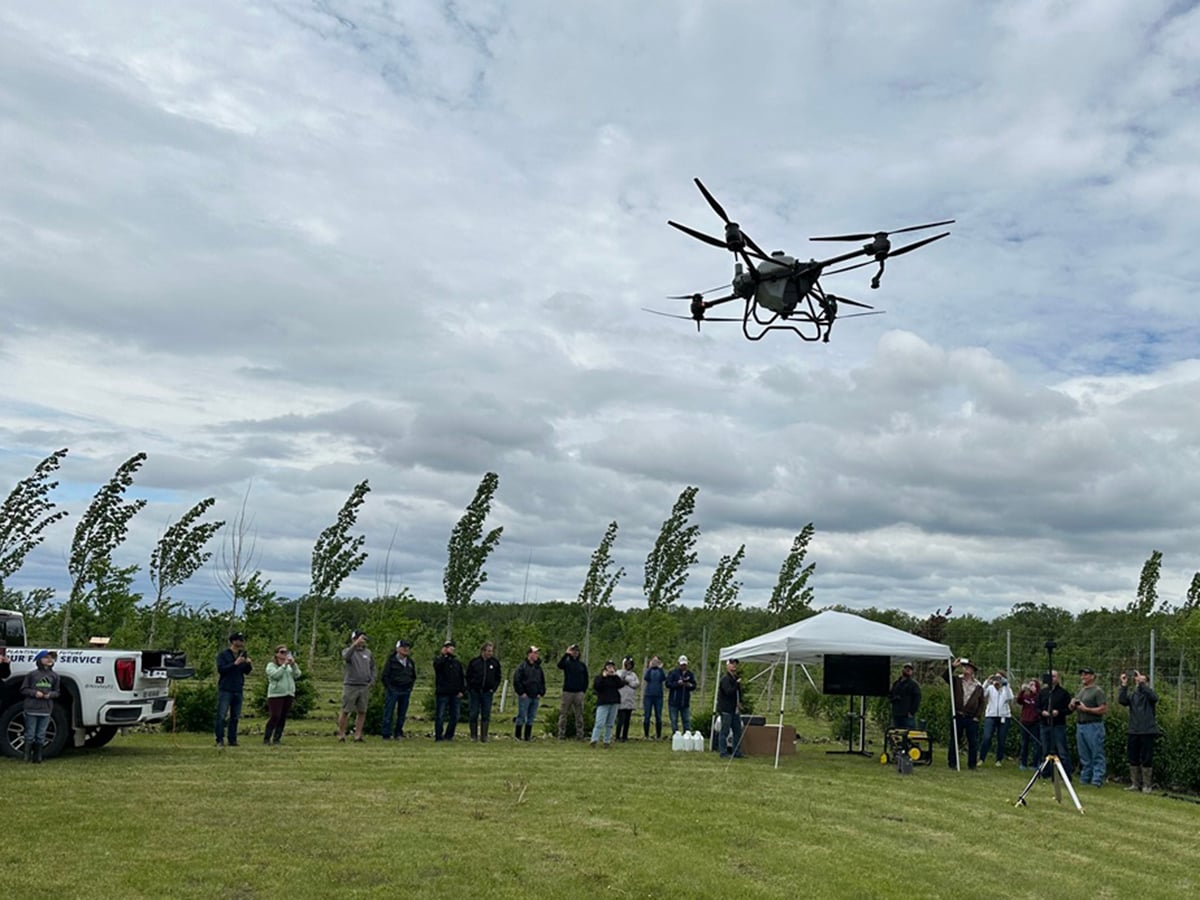 A drone takes to the skies at a farm tour on June 5.