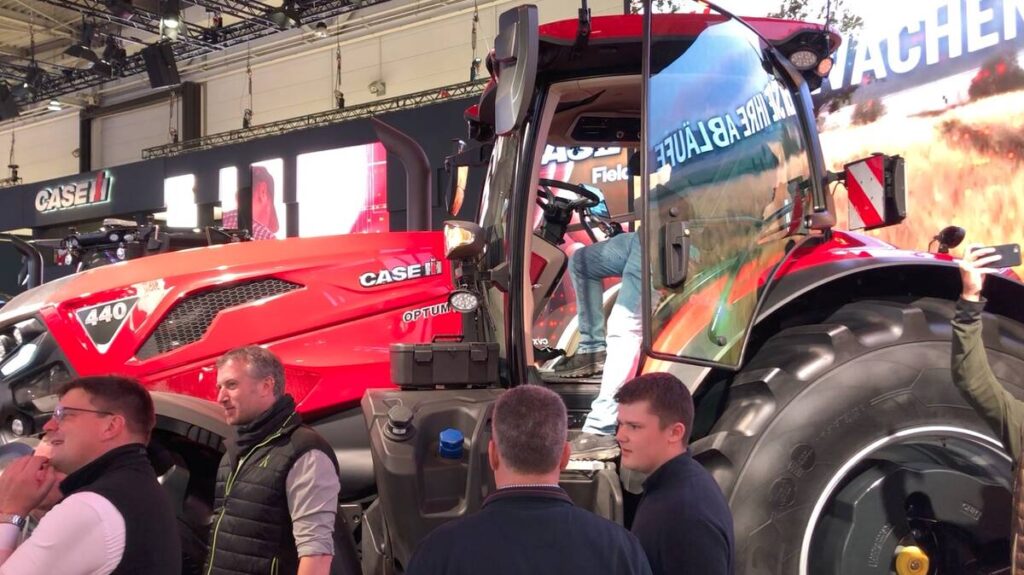 A new Case Optum tractor sits on display at the Agritechnica farm equipment show in Hannover, Germany, in November 2025.