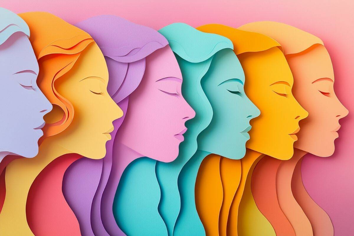 A graphic image showing the profiles of six different women, each a different colour.
