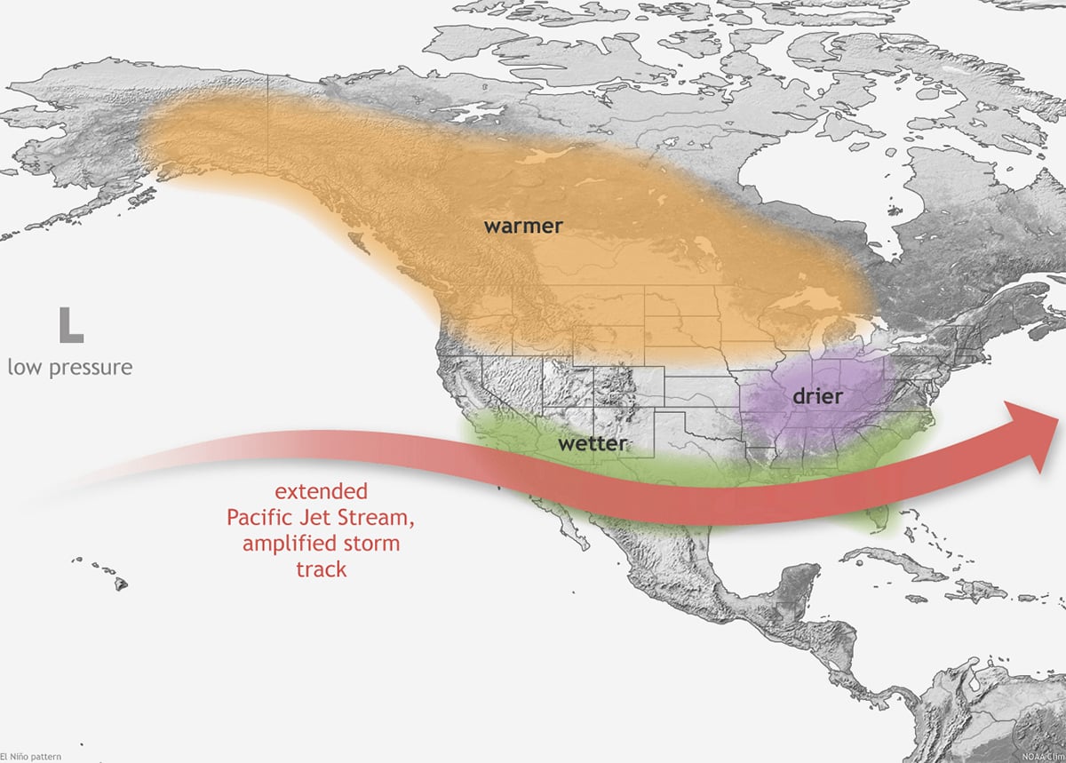 A map from the National Oceanic and Atmospheric Administration showing the conditions necessary for El Nino to occur.