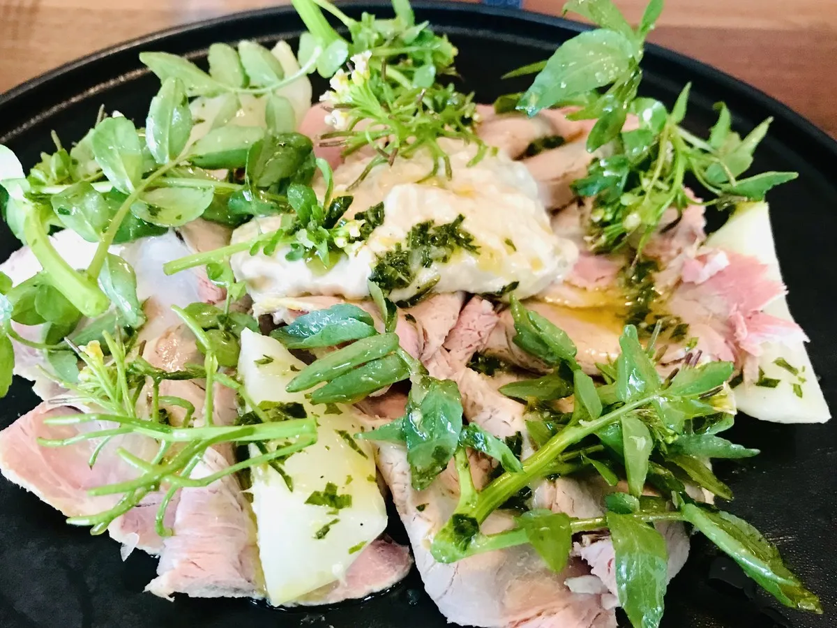 Shaved pork poached in milk from Bacaro in the Fairmont Pacific Rim Hotel in Vancouver. The restaurant has now closed. 